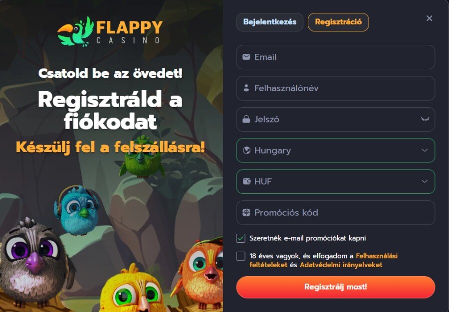 Flappy Casino értékelés regisztráció folyamata